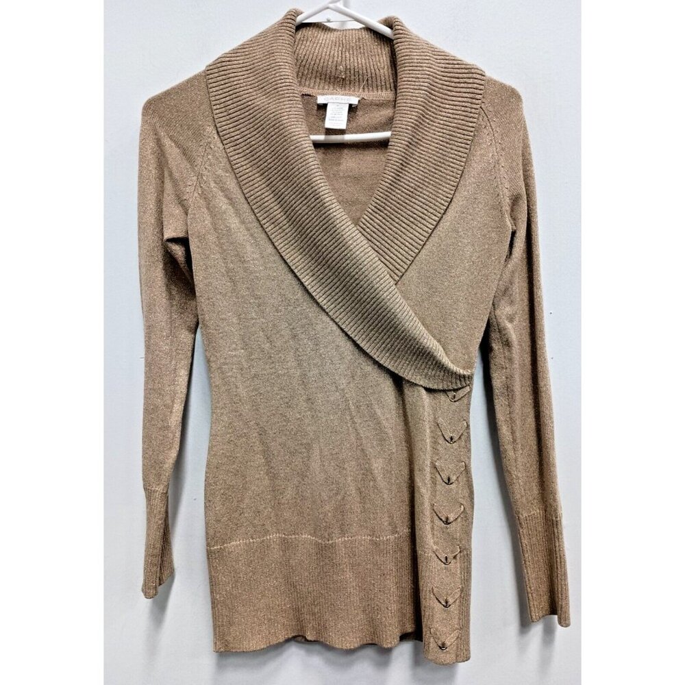 Vintage Y2K Cache Women Sweater XS Gold Metallic Shawl Collar Pullover